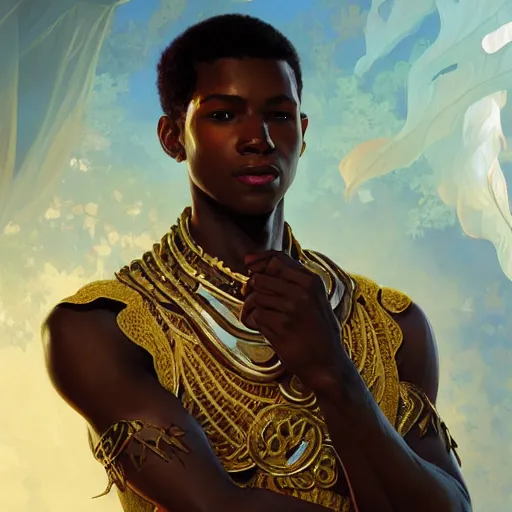 Image similar to illustration of a jamaican boy, d & d, fantasy, intricate, elegant, highly detailed, digital painting, artstation, concept art, smooth, sharp focus, illustration, art by artgerm and greg rutkowski and alphonse mucha