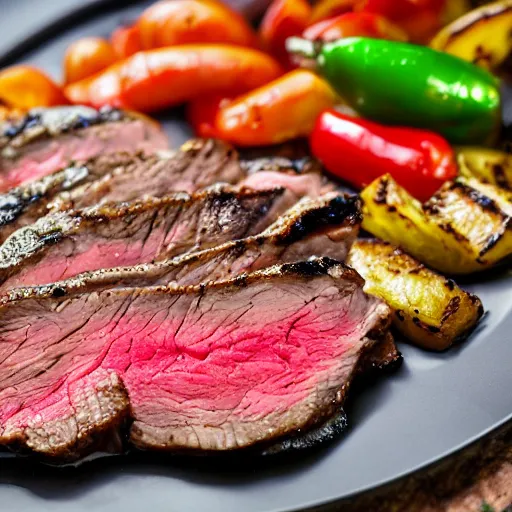 Image similar to delicious 3 2 mm zoomed in adversities photography of a large seared and smoked and seasoned steak well done, with a side seasoned grilled vegetables top in a creamy mozzarella cheese sauce, on a hot platter, very delicious