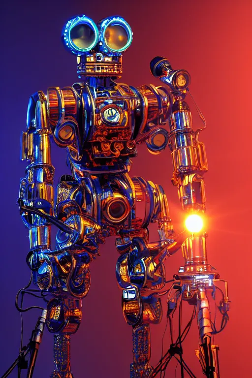 Image similar to portrait photo of a giant huge golden and blue metal humanoid steampunk robot singer wearing headphones and gears and tubes, a big red glowing microphone on a tripod, eyes are glowing red lightbulbs, shiny crisp finish, 3 d render, 8 k, insaneley detailed, fluorescent colors, background is multicolored lasershow