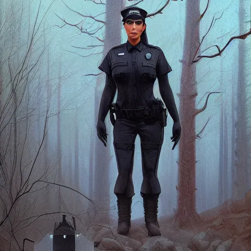 Image similar to kim kardashian as a cop, police uniform, chest and face in view, full portrait, haunted forest with ufo sitting in the distant fog, pretty, aesthetic, dust molecules, matte detailed photo, DeviantArt, Artstation, by donato giancola, ralph horley, loish, ufo lighting