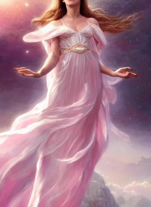 Image similar to emma watson as nature magic celestial, long hair, soft pink and white cloth, transparent cloth, space, D&D, shiny background, intricate, elegant, highly detailed, digital painting, artstation, concept art, smooth, sharp focus, illustration, artgerm, bouguereau