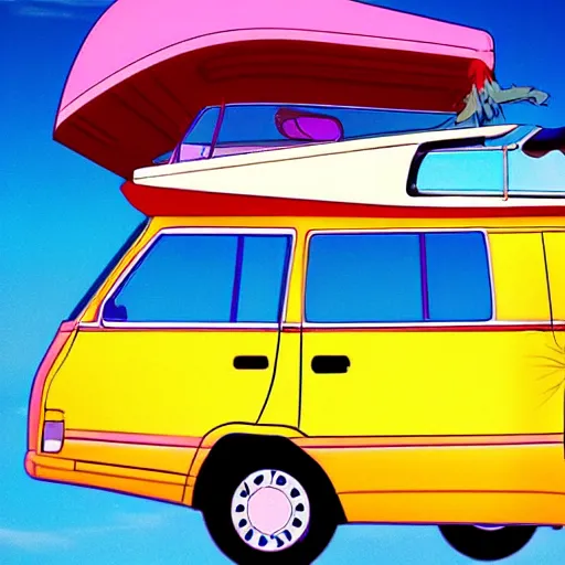 Image similar to campervan near the ocean, 80's anime style