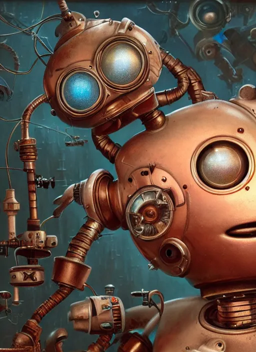 Image similar to highly detailed closeup, portrait of a retro robot deep sea diving, unreal engine, nicoletta ceccoli, mark ryden, earl norem, lostfish, global illumination, detailed and intricate environment