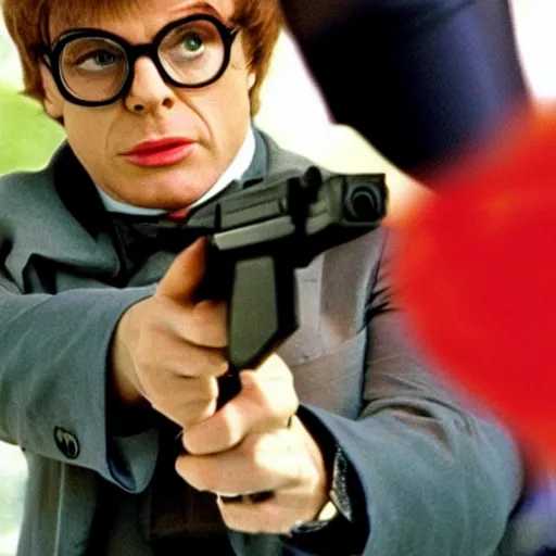 Image similar to austin powers shooting an ak - 4 7, photography, movie,