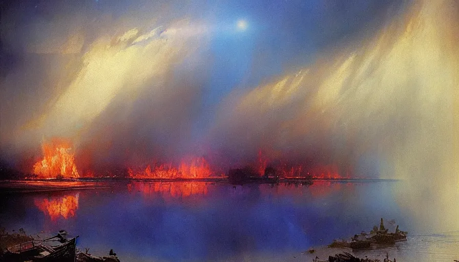 Prompt: river of blue fire, intricate detailed painting, john harris