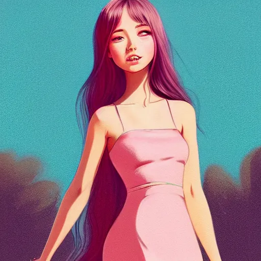 Image similar to happy adult female in sundress, summer dress, pastel light pink very long hair, muted colors, matte print, pastel colors, 2d, ultra highly detailed, digital art, digital painting, fan art, elegant, artstation, head is centered, by Ilya Kuvshinov