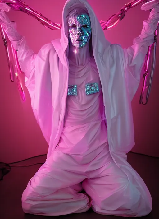Prompt: photo of fullbodied baroque and bladerunner delicate neon diamond sculpture of seductive onyx albino marble prince adonis bosso dotado mint iridescent humanoid deity wearing pink plastic trashbag hooded cloak holding diamond skull in a white alien dungeon, reclining, glowing magenta face, crown of white diamonds, cinematic lighting, photorealistic, octane render 8 k depth of field 3 d