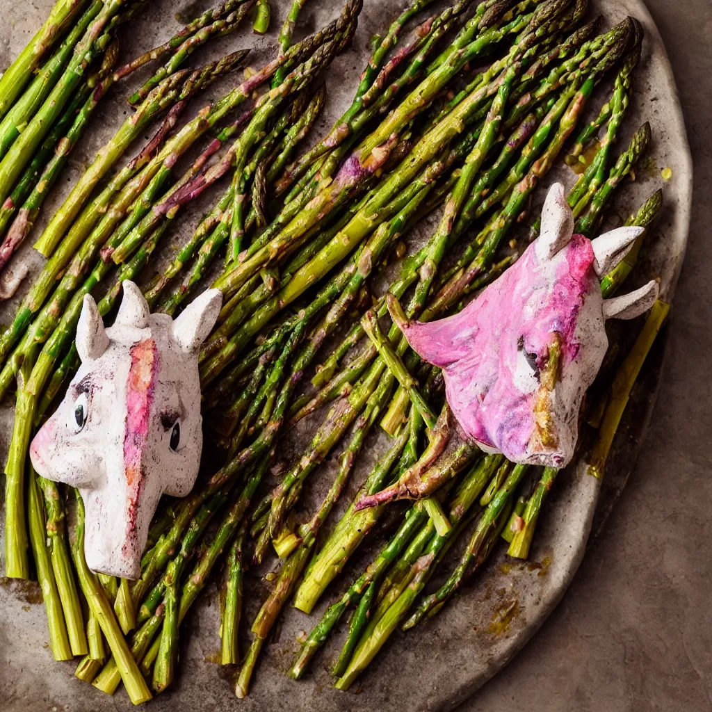 Image similar to roasted unicorn head served with green asparagus. 4 k food photography, image from bbc good food magazine