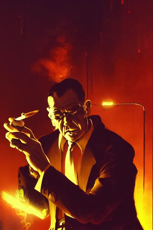 Prompt: A mafia boss lighting a cigar in a cyberpunk setting, by Frank Frazetta, volumetric lighting, high contrast colours, as trending on Artstation, highly detailed,