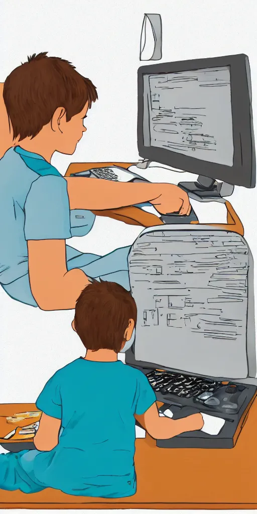 Prompt: illustration, a child sitting in front of a computer learning to program.