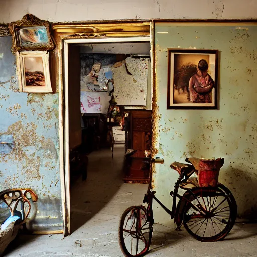 Image similar to A large very dark kitsch filled parlor is dimly lit by a morning sunbeam, dust floats in the air, plain white walls that are yellowed and cracked with time, a single photo with a broken frame hangs crooked on the wall, a small tattered Persian rug with muted colors is on the floor, a little tricycle is parked in the corner of the room motionless, a ceiling fan with an old draw cord is off, cinematic, vignette, ultrarealistic, photograph, still, serene, low energy, 4K, lighting study