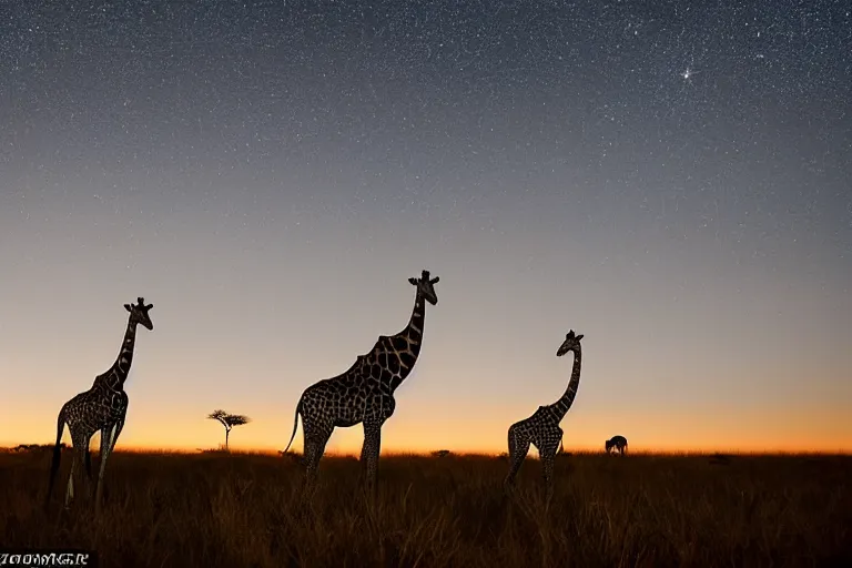 Prompt: a National Geographic nature photography of a horizon at the savanna, nightfall, several silhouettes of giraffes are poking their neck out, hard contrasting light