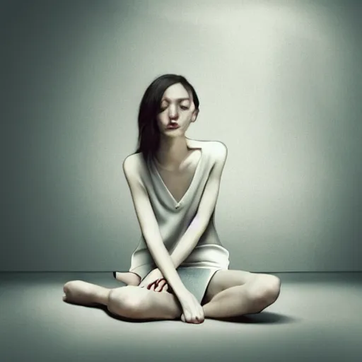 Prompt: a pretty young skinny woman who is very depressed and feeling hopeless sitting in the corner of her room waiting for The End. fractal lighting. machine shadowing. an amazing illustration by the greatest living illustrators of Japan. ultra detail. ultra shadowing. ultra graphics. ray tracing graphics. supreme colors. ultra image. perfect lighting. perfect pose. uplifting image. hopeful image. she has soft features, feminine features, cute face, long black hair, wearing a tye dye t-shirt and short black shorts. close up of her face. looking at camera askance.