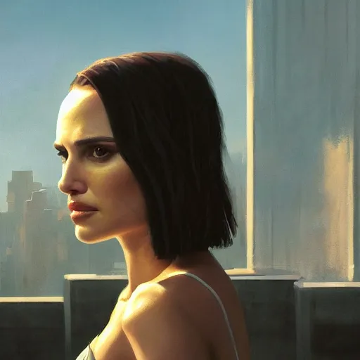 Image similar to closeup portrait of natalie portman from the movie leon the professional, hitman, city background, dramatic light, gorgeous view, depth, high detail, digital art, painted by greg rutkowski and seb mckinnon, by tim burton, trending on artstation