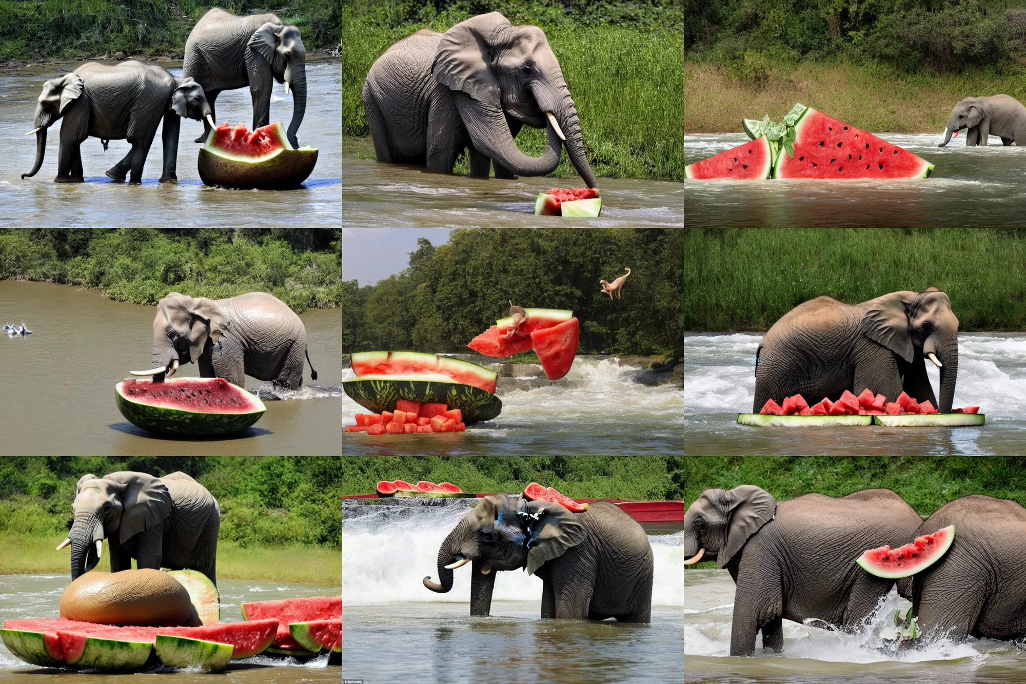 Prompt: an elephant sits in a crust from under a watermelon and floats on it along a river with white water