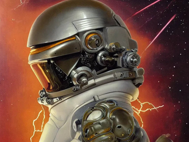 Image similar to a detailed profile oil painting of an advanced shock trooper in a spacesuit with reflective helmet, advanced technology flight suit, portrait symmetrical and science fiction theme with lightning, aurora lighting clouds and stars by beksinski carl spitzweg and tuomas korpi. baroque elements, full-length view. baroque element. intricate artwork by caravaggio. Trending on artstation. 8k