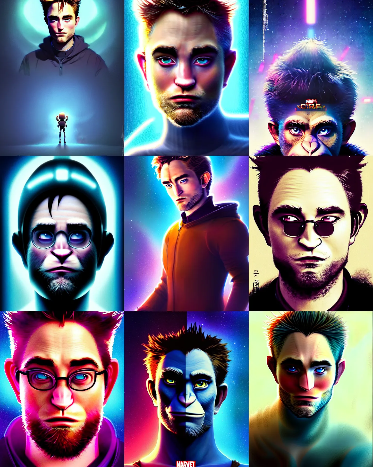 Prompt: sci - fi pixar anime movie poster portrait photo of robert pattinson : : as grumpy ape monkey by weta, marvel : : by greg rutkowski, wlop, ilya kuvshinov, rossdraws, artgerm, rave makeup, unreal engine, gruff, intense brow, pearlescent, morning, artstation, : :