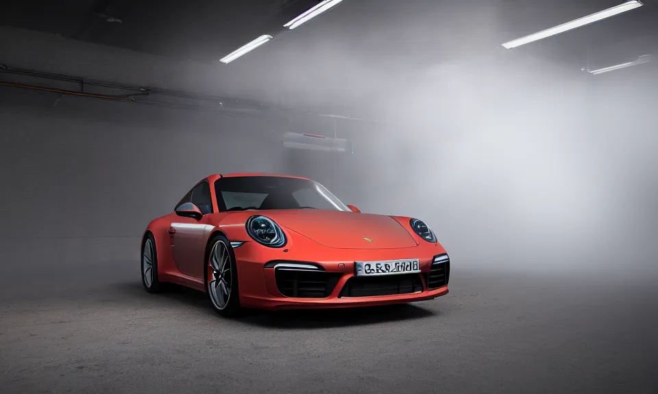 Image similar to photo of a porsche 911 standing in a garage, mist, volumetric light, cinematic lighting, octane render, 4k