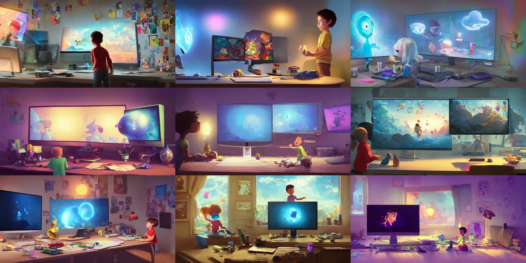 Prompt: a wholesome illustration of a kid and a computer monitor with imaginative and trippy elements popping out of the screen, imagination, creativity, magic, computer monitor, photos hanging on the wall Pixar and Disney animation, sharp, Rendered in Redshift and Unreal Engine 5 by Greg Rutkowski, Bloom, dramatic lighting