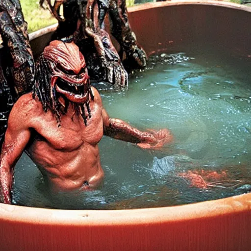 Prompt: a monster from predator in a hot tub