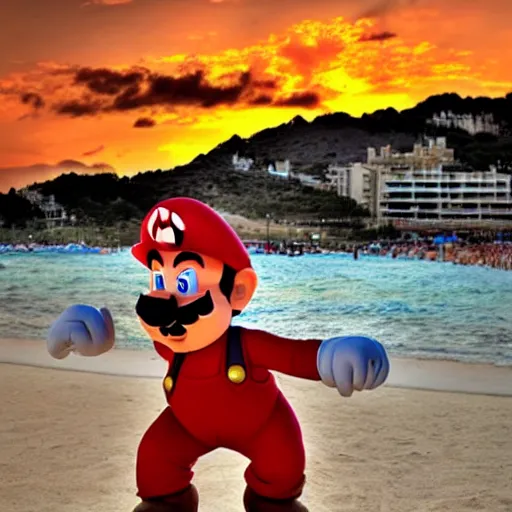 Prompt: super mario completely wasted in magaluf beach with a beautiful sunset in the background - 9