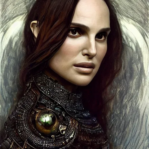 Prompt: “Natalie Portman highly detailed portrait, organic cyborg, raku, diffuse lighting, fantasy, intricate, elegant, highly detailed, lifelike, photorealistic, digital painting, artstation, illustration, concept art, smooth, sharp focus, art by John Collier and Albert Aublet and Krenz Cushart and Artem Demura and Alphonse Mucha”