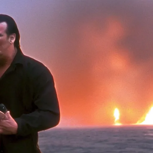 Image similar to scene of a movie with steven seagal with an explosion in the background