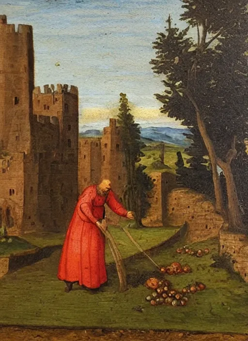 Prompt: a 1 6 th century oil painting of a medieval peasant tending to a farm beside a castle