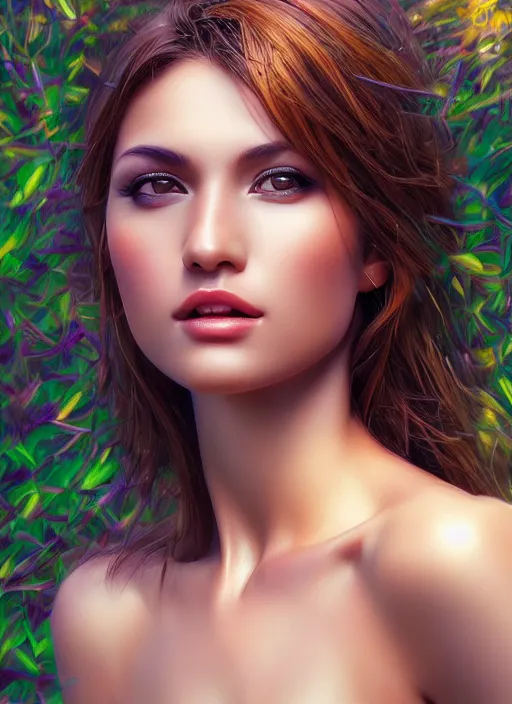 Image similar to photo of a gorgeous female in the style of stefan kostic, realistic, half body shot, sharp focus, 8 k high definition, insanely detailed, intricate, elegant, art by stanley lau and artgerm, extreme bokeh foliage, separation from background, frequency separation