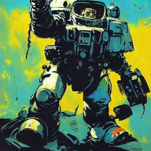 Image similar to Manatee Space Marine by Ashley Wood, Yoji Shinkawa, Jamie Hewlett, 60's French movie poster, French Impressionism, vivid colors, palette knife and brush strokes, Dutch tilt