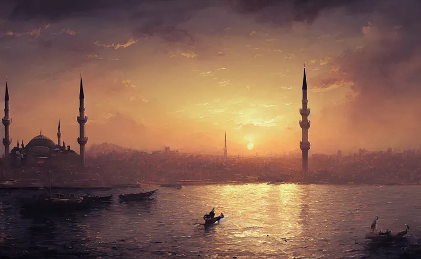 Prompt: painting of skyline of istanbul at sunset, natural light, concept art, by greg rutkowski, cozy atmospheric and cinematic lighting