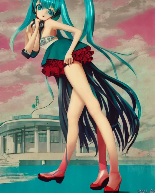 Image similar to Hatsune Miku full body pin up modeling in idol unioform, with a park in the back ground, post war style, detailed face, american postcard art style, by Gil Elvgren and Julie Bell