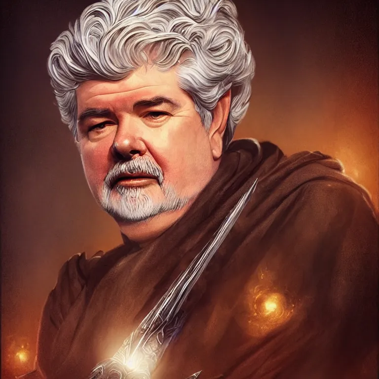 Prompt: beautiful cinematic fantasy poster with George Lucas from Middle-Earth, fantasy, portrait, sharp focus, intricate, elegant, digital painting, artstation, matte, highly detailed, concept art, illustration, ambient lighting, hybrid from The Elden Ring and art direction by Darius Zawadzki ;by artgerm; wayne reynolds art station; cinematic quality character render; low angle; ultra high quality model; production quality cinema model;