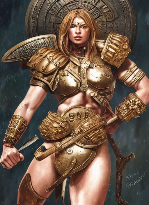 Prompt: portrait of a beautiful muscular maiden spartan with a sword and shield, wounds from battle, warhammer 40000, intricate, elegant, highly detailed, smooth, sharp focus, cinematic lighting, dramatic scene, illustration, art by stephen lau and artgerm in the style of Steven Kostic and greg rutkouwski,