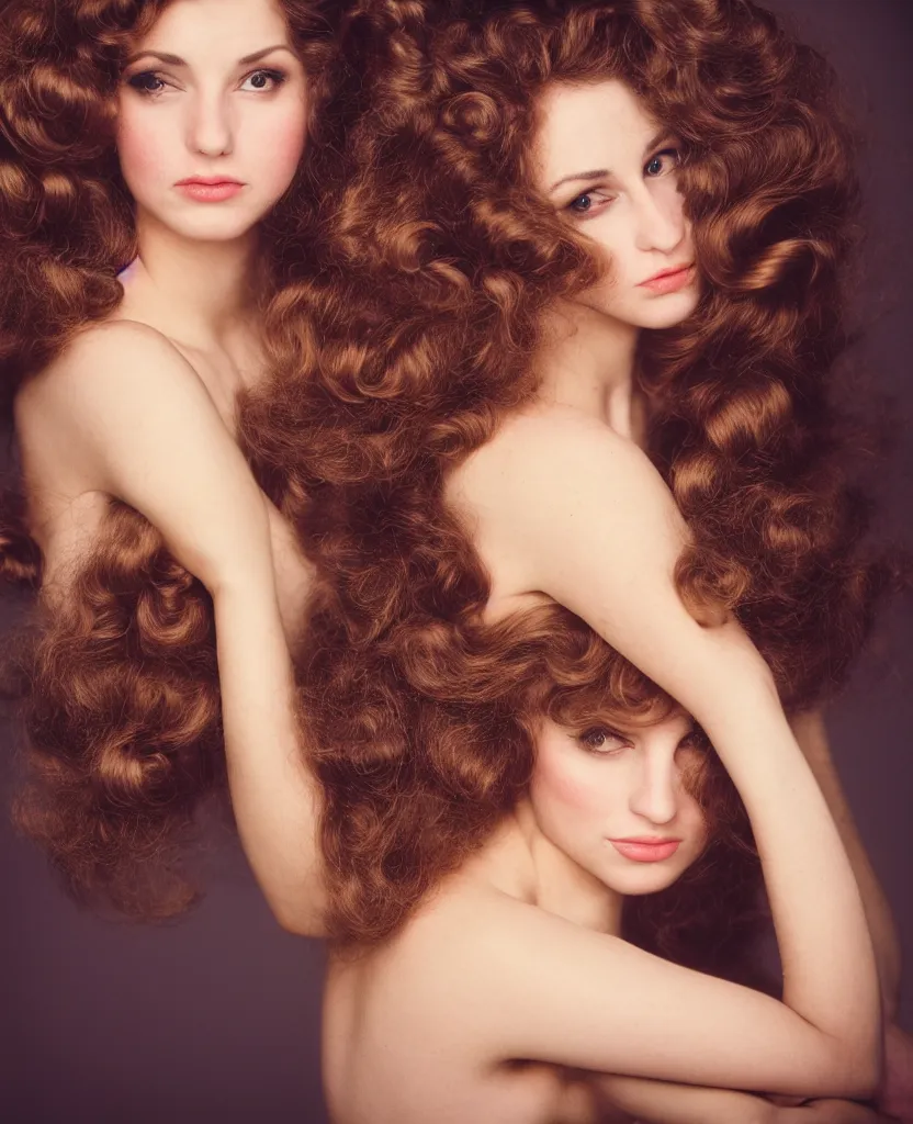 Image similar to an award winning cooke 8 5 mm f / 1. 2 lens portrait photograph of a beautiful glamorous young woman with hair curling in arabesque forms shot by annie leibovitz, lomography color 4 0 0 film stock, cinematic studio lighting,