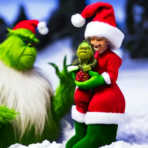 Prompt: grinch holding a miniature figurine of a santa claus 8 k