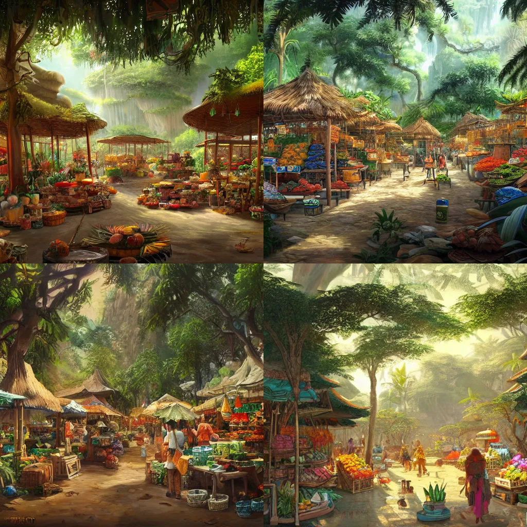 Prompt: a beautiful painting of a jungle marketplace, by Feng Zhu, featured on artstation