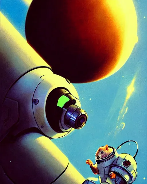 Image similar to wrecking ball the hamster from overwatch, dressed as an astronaut, character portrait, portrait, close up, concept art, intricate details, highly detailed, vintage sci - fi poster, retro future, in the style of chris foss, rodger dean, moebius, michael whelan, and gustave dore