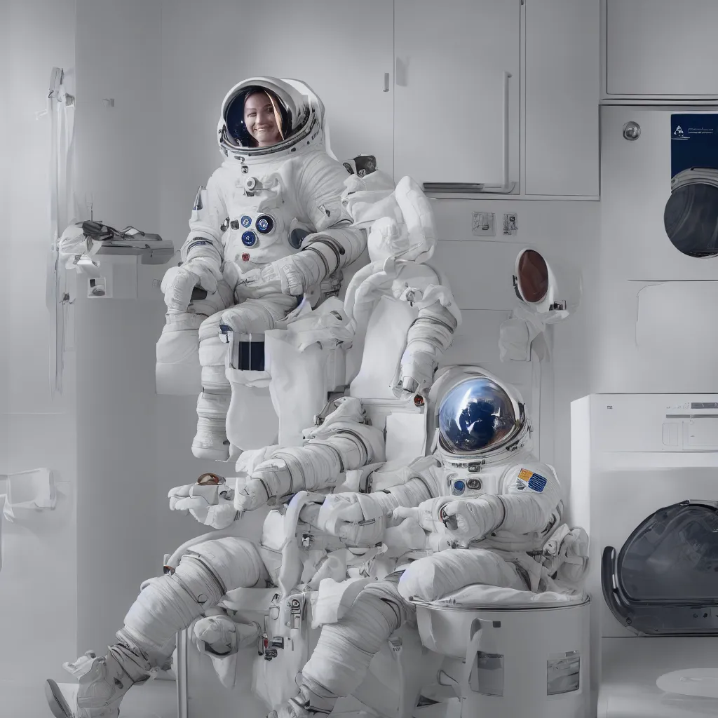 Image similar to a beautiful photo of an astronaut sat on a chair in an automatic laundry room, soft light, morning light, photorealistic, realistic, octane, 8k, cinematic shot