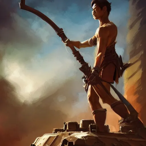 Image similar to side profile of a filipino holding a scepter while sitting on a tank, highly detailed, d & d, fantasy, digital painting, artstation, concept art, sharp, focus, illustration, global illumination, matte, by artgerm and greg rutkowski
