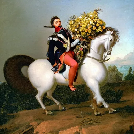 Image similar to a giant squirrel carrying napoleon bonaparte on its back, beach scene with flowers and foliage, detailed oil painting