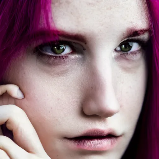 Image similar to woman with red hair and purple eyes staring at the camera intensely