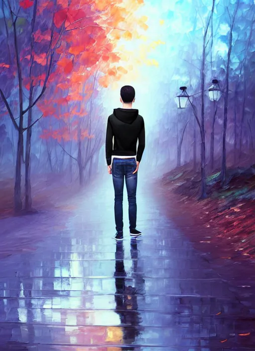 Prompt: handsome young man with short black hair, light blue eyes, pale skin, black hoodie, jeans, half body shot, path traced, highly detailed, high quality, digital painting, alena aenami, leonid afremov, lilia alvarado, shinji aramaki, karol bak, alphonse mucha, tom bagshaw