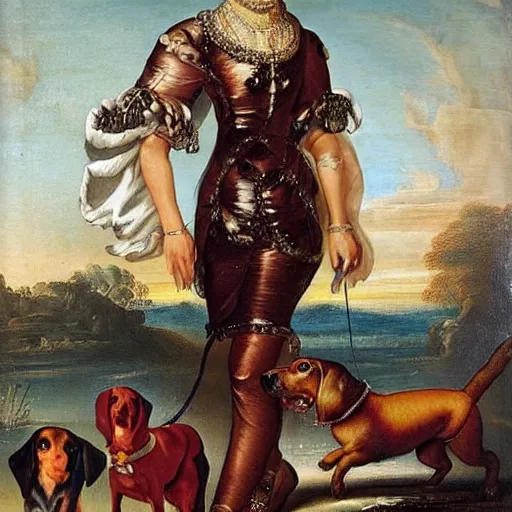 Image similar to nicki minaj walking a dachshund baroque oil painting