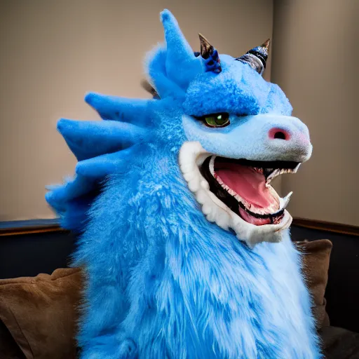 Prompt: an anthropomorphic blue fluffy dragon husband, photo, 8K