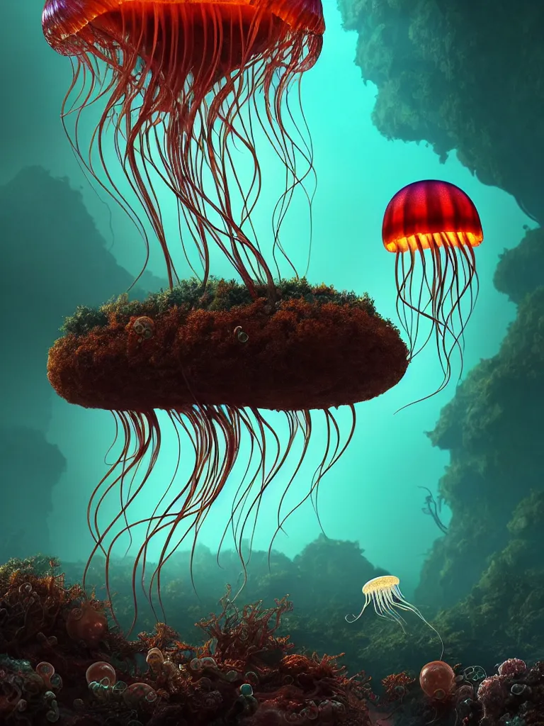 Image similar to creature octo jellyfish in a desert lush vegetation, warm tones, night, water reflection, bioluminescent translucent : : by michal karcz, daniel merriam, victo ngai and guillermo del toro : : ornate, dynamic, particulate, intricate, elegant, highly detailed, centered, artstation, smooth, sharp focus, octane render, 3 d