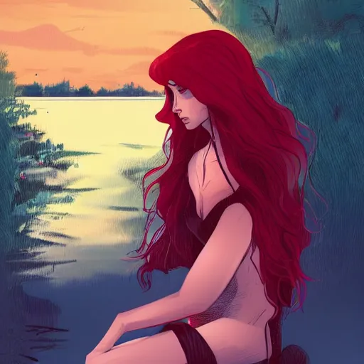 Image similar to a beautiful comic book illustration of a woman with long red hair sitting near a lake at night by daniele afferni, featured on artstation