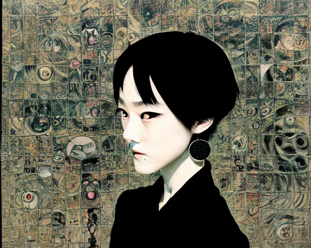 Prompt: yoshitaka amano blurred and dreamy realistic three quarter angle horror portrait of a sinister young woman with short hair, big earrings and white eyes wearing office suit with tie, black and white junji ito abstract patterns in the background, satoshi kon anime, noisy film grain effect, highly detailed, renaissance oil painting, weird portrait angle, blurred lost edges