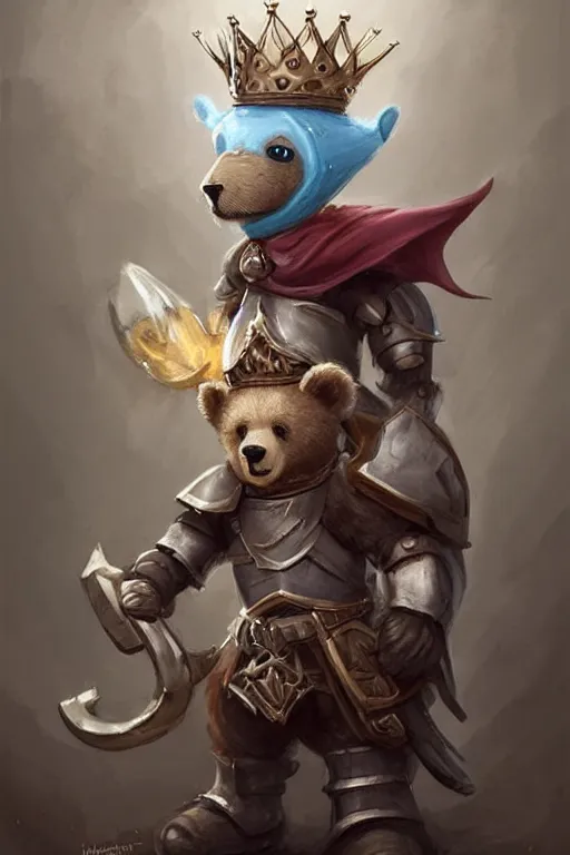 Image similar to cute little anthropomorphic bear knight wearing a cape and a crown, tiny, small, miniature bear, baby animal, short, pale blue armor, cute and adorable, pretty, beautiful, DnD character art portrait, matte fantasy painting, DeviantArt Artstation, by Jason Felix by Steve Argyle by Tyler Jacobson by Peter Mohrbacher, cinematic lighting