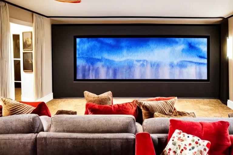 Image similar to very wide angle, a modern home movie theater with big screen, stylish wall sconces, old popcorn machine!, movie posters!, very happy and cozy, interior designed by kelly wearstler, rough watercolor painting